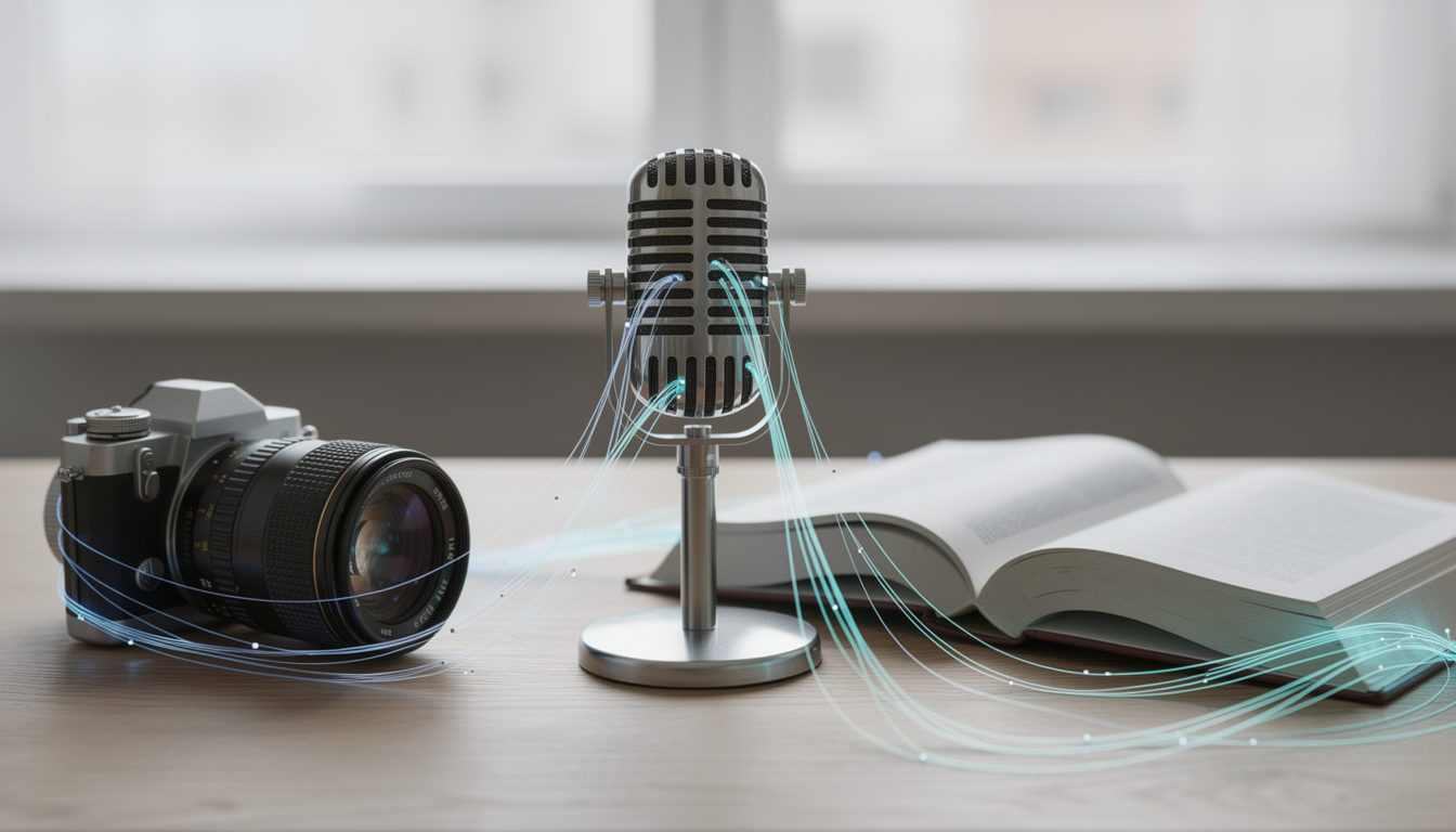 멀티모달 기능을 상징하는 카메라 렌즈, 마이크, 책이 광섬유로 연결된 데스크 연출 이미지