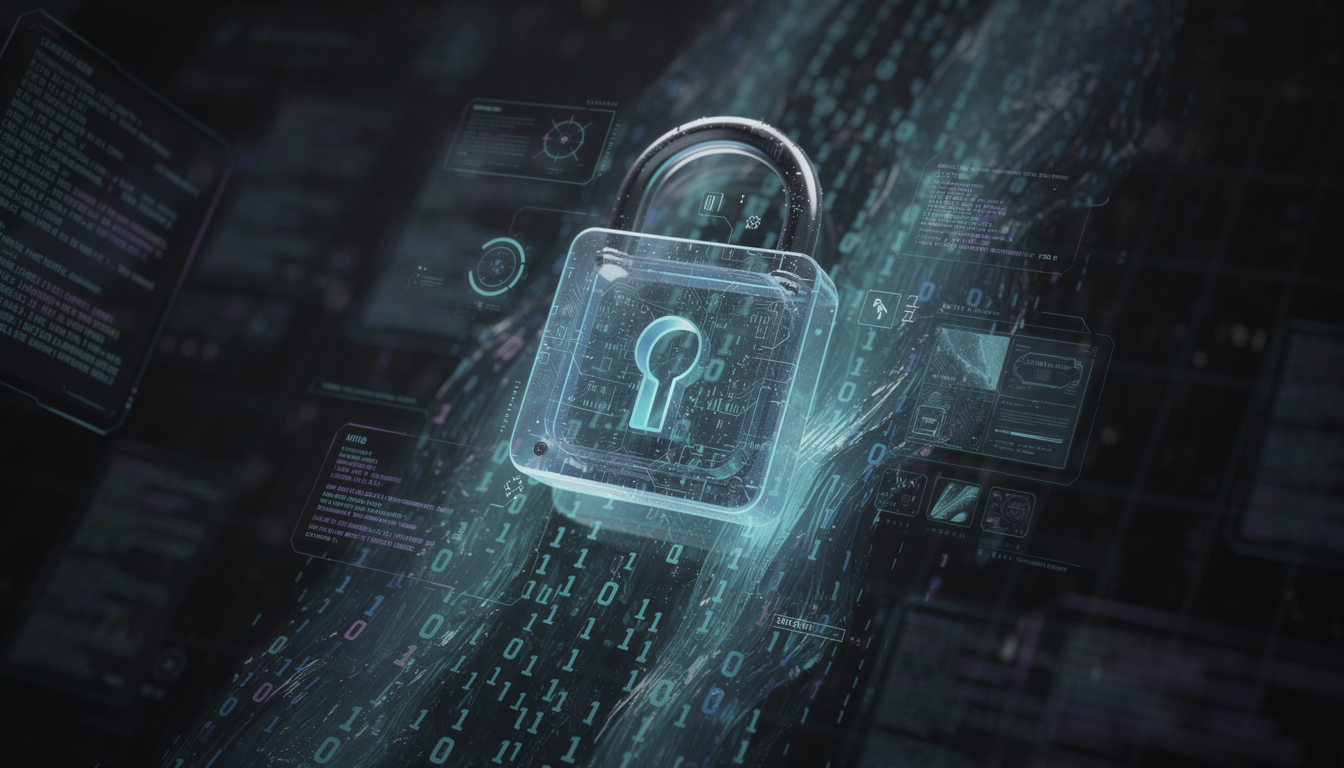 소프트웨어 보안과 인증을 상징하는 디지털 자물쇠와 흐르는 코드 데이터 스트림