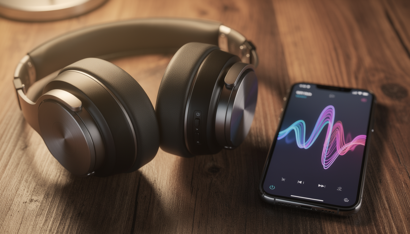 음악 감상을 상징하는 헤드폰과 스마트폰의 감성적인 클로즈업 이미지