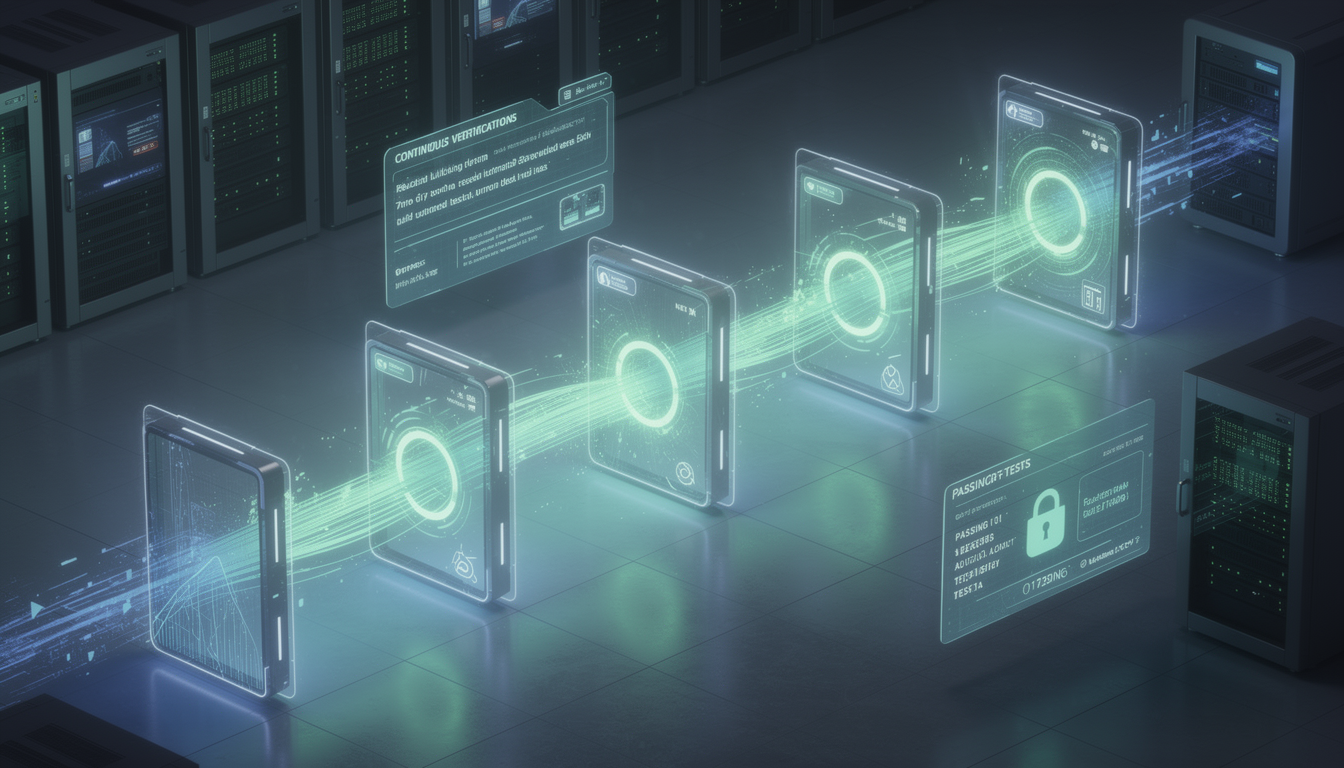 CI/CD 파이프라인과 자동화된 테스트 통과를 시각화한 추상적 이미지