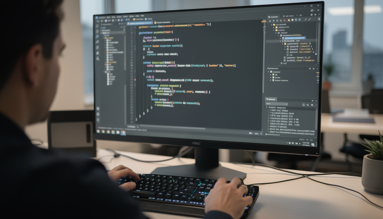 Python 코드를 작성하며 API 테스트를 수행하는 개발자의 모습