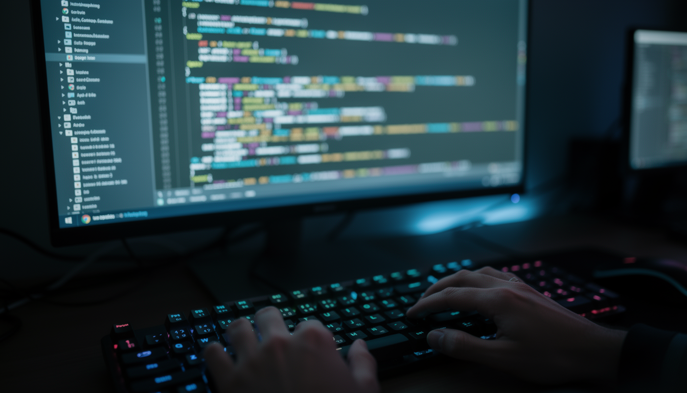 복잡한 코드가 표시된 모니터 앞에서 빠르게 타이핑하는 개발자의 손과 키보드 클로즈업