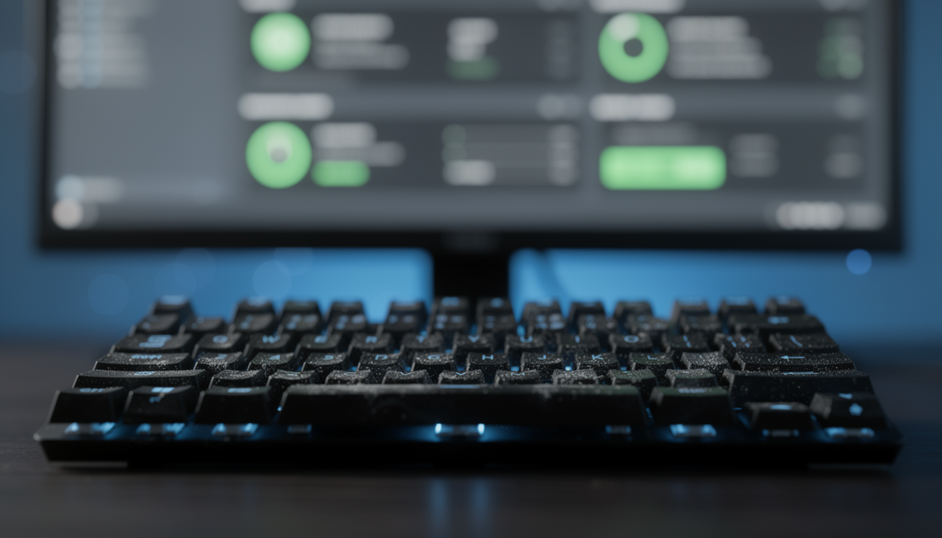 성공적인 앱 설치와 구성을 상징하는 설정 대시보드와 키보드 클로즈업