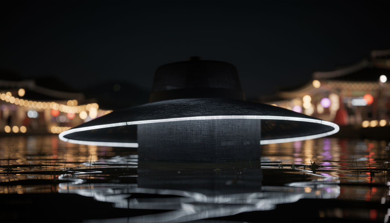 물 위에 떠 있는 갓 모양의 대형 조형물과 물에 비친 은은한 반영