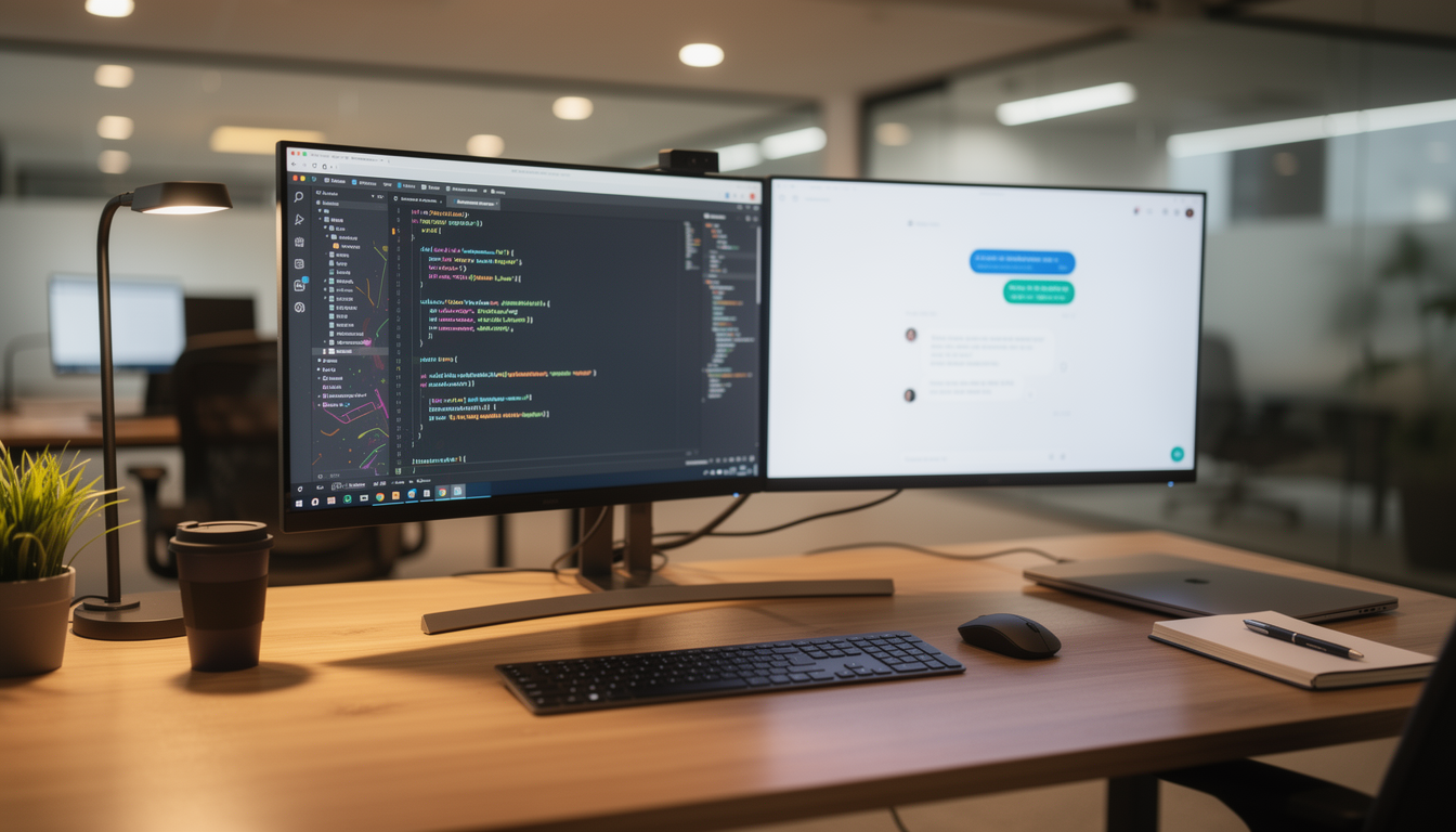 개발자가 듀얼 모니터 환경에서 슬랙과 코드를 동시에 띄워두고 작업하는 현대적인 사무실 모습