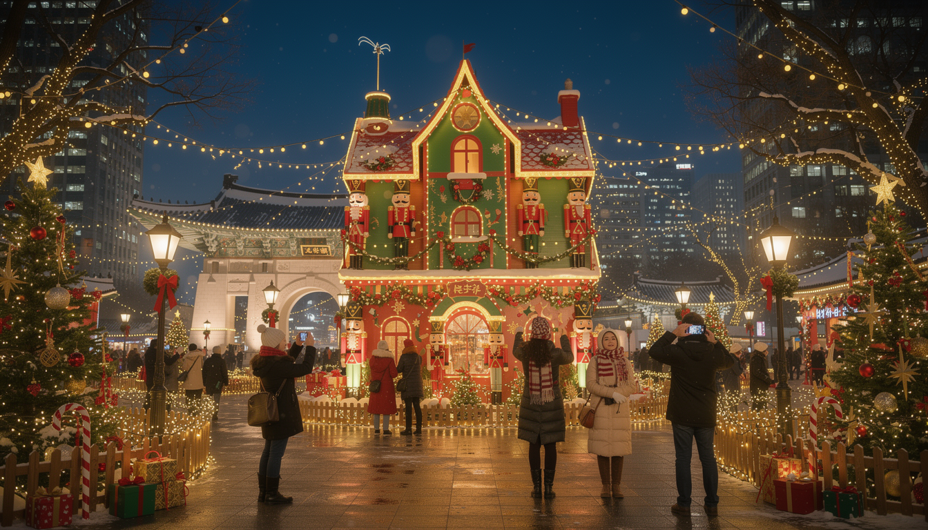 광화문광장 산타마을의 호두까기 인형의 집 조형물과 따뜻한 크리스마스 조명 장식