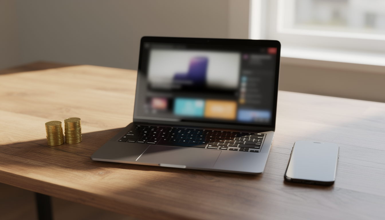 스마트폰과 노트북을 함께 배치하여 웹 결제와 앱 결제의 차이를 암시하는 책상 이미지