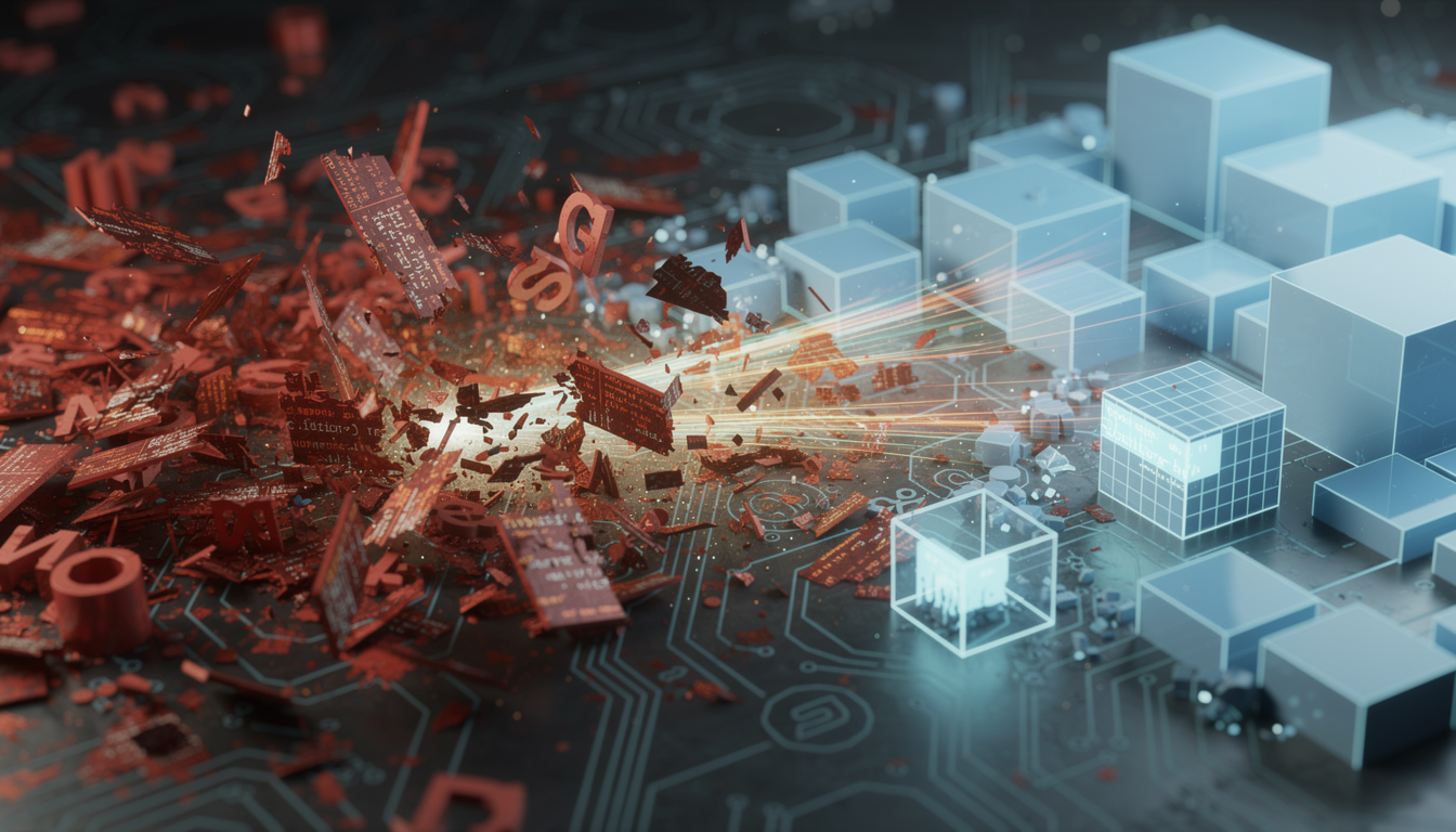 붉은색의 오류 코드가 자동으로 정렬되어 완벽한 푸른색 기하학적 구조로 변환되는 과정을 형상화한 버그 수정 이미지