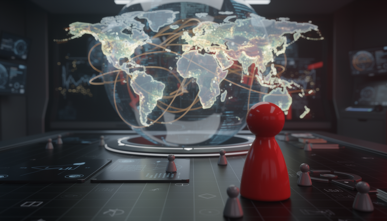 글로벌 시장 지배력을 시각화한 이미지, 북미와 유럽을 덮는 데이터 연결망과 지구본, 전략 보드게임 위를 지배하는 붉은색 말