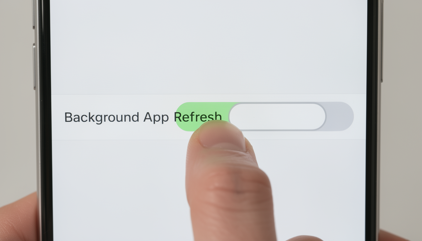 스마트폰 화면 설정에서 백그라운드 앱 새로 고침이나 위치 서비스 스위치를 터치하여 끄는 손가락의 확대 사진