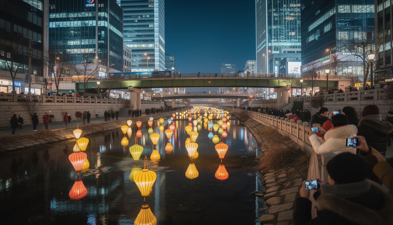 서울빛초롱축제가 열리는 청계천의 화려한 야경과 물 위에 떠 있는 형형색색의 전통 등불 전경
