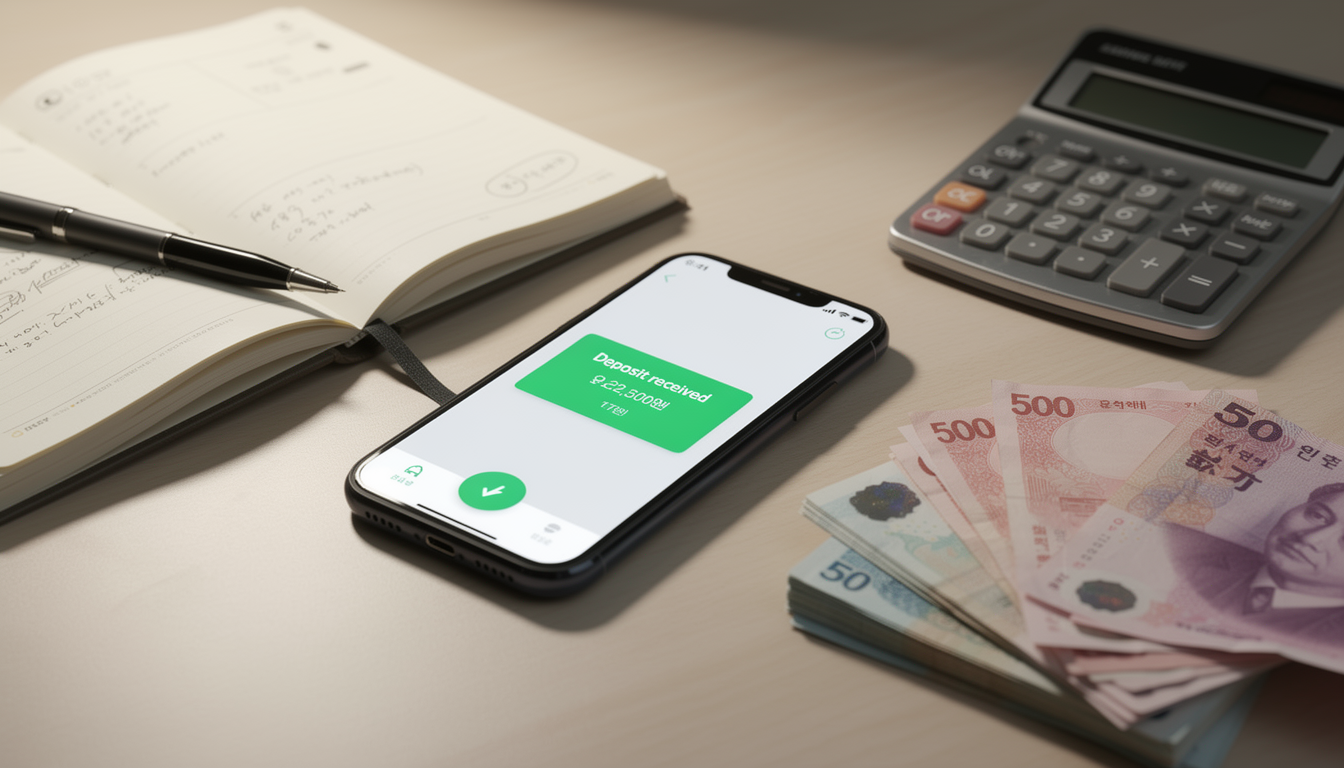 계산기와 가계부 그리고 스마트폰 입금 알림 화면을 통해 지원금 혜택을 계산하는 모습