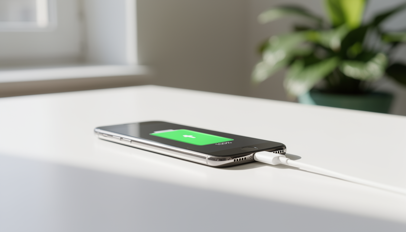 완전히 충전되어 화면에 초록색 100% 배터리 아이콘이 뜬 스마트폰과 평온한 아침 햇살이 비치는 책상 풍경