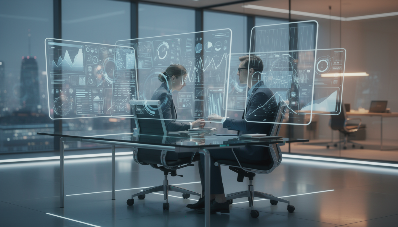 2025년 미래 지향적인 마케터의 업무 공간, 홀로그램 화면에 AI 인터페이스와 데이터가 표시된 모습
