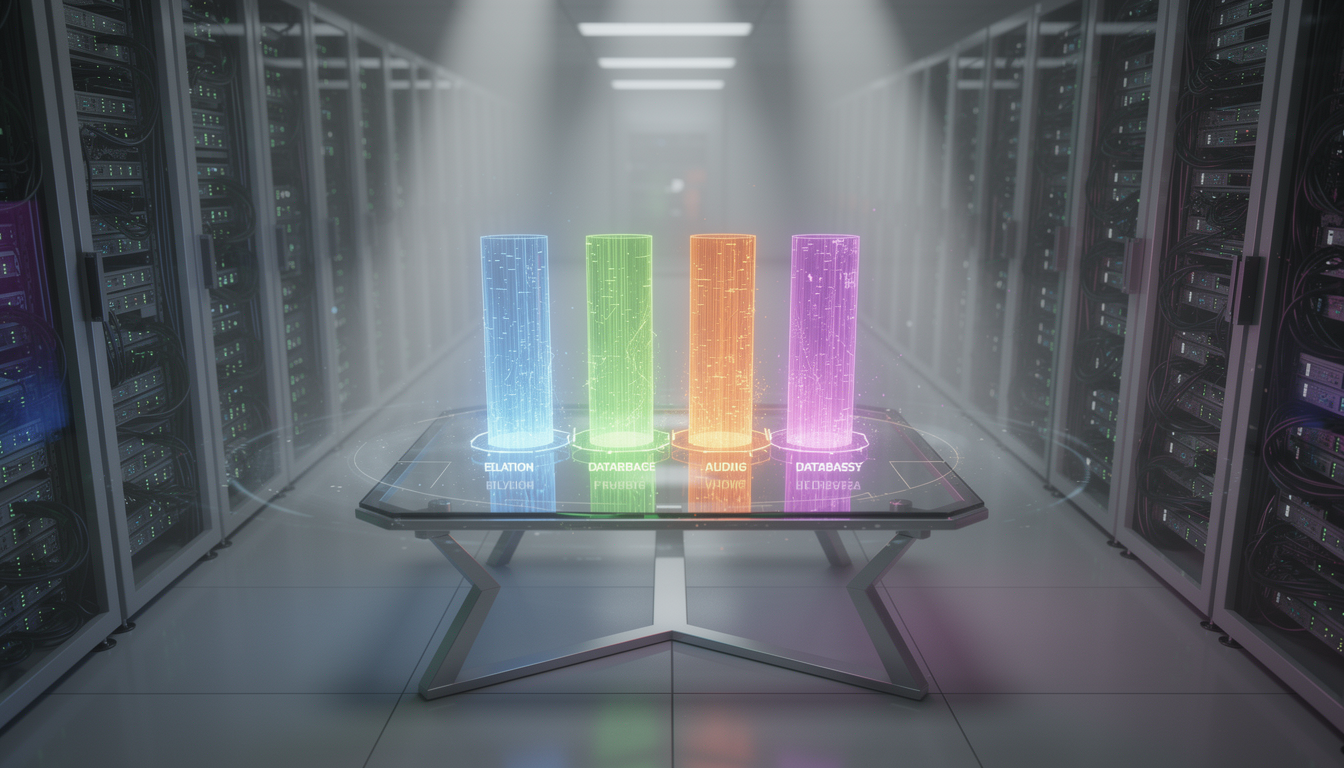 네 가지 주요 벡터 데이터베이스(Qdrant, Pinecone, ChromaDB, Milvus)의 비교를 상징적으로 표현하기 위해, 미래지향적인 데이터 센터 안에서 네 개의 서로 다른 색상의 빛기둥이 솟아오르는 홀로그램 인터페이스를 묘사한 이미지