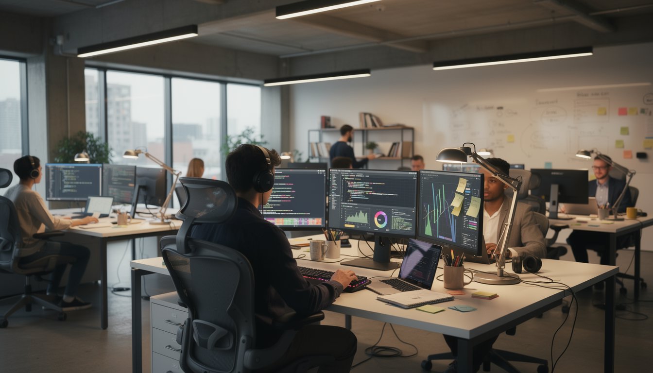 스타트업이나 개발 팀이 솔루션을 선택하고 개발하는 과정을 묘사하기 위해, 2025년의 현대적인 오픈 플랜 사무실에서 개발자들이 다중 모니터를 보며 협업하고 코딩에 집중하는 실사 스타일 이미지