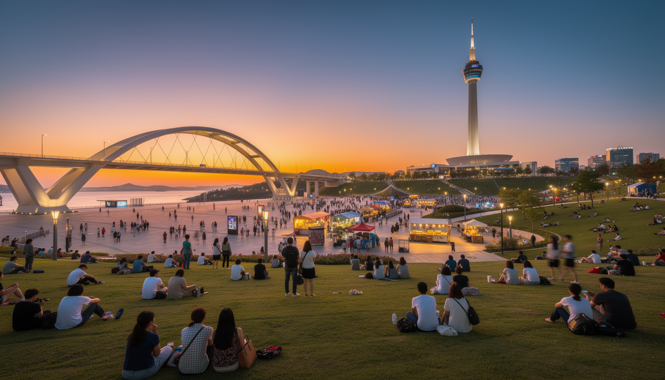 대전 엑스포 과학공원 잔디광장에 모여 축제를 기다리는 수많은 인파와 엑스포 다리 전경
