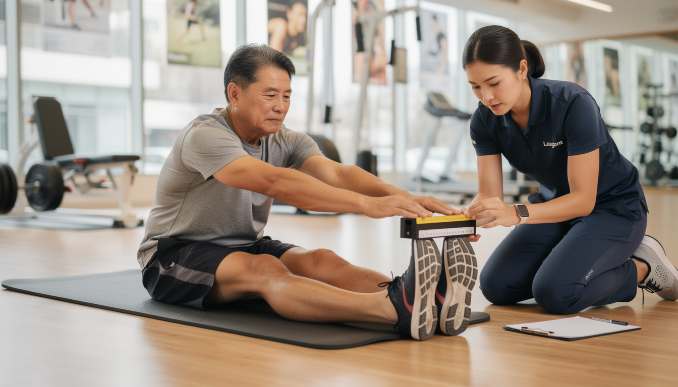 스포츠 센터에서 전문 강사가 지켜보는 가운데 매트에 앉아 유연성 테스트를 진행하고 있는 중년 남성