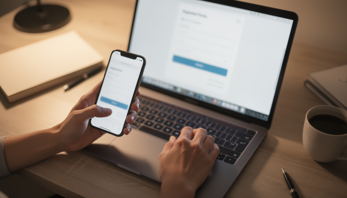 노트북과 스마트폰을 사용하여 온라인 예약 페이지를 확인하고 있는 손의 클로즈업 모습, 깔끔하고 따뜻한 분위기