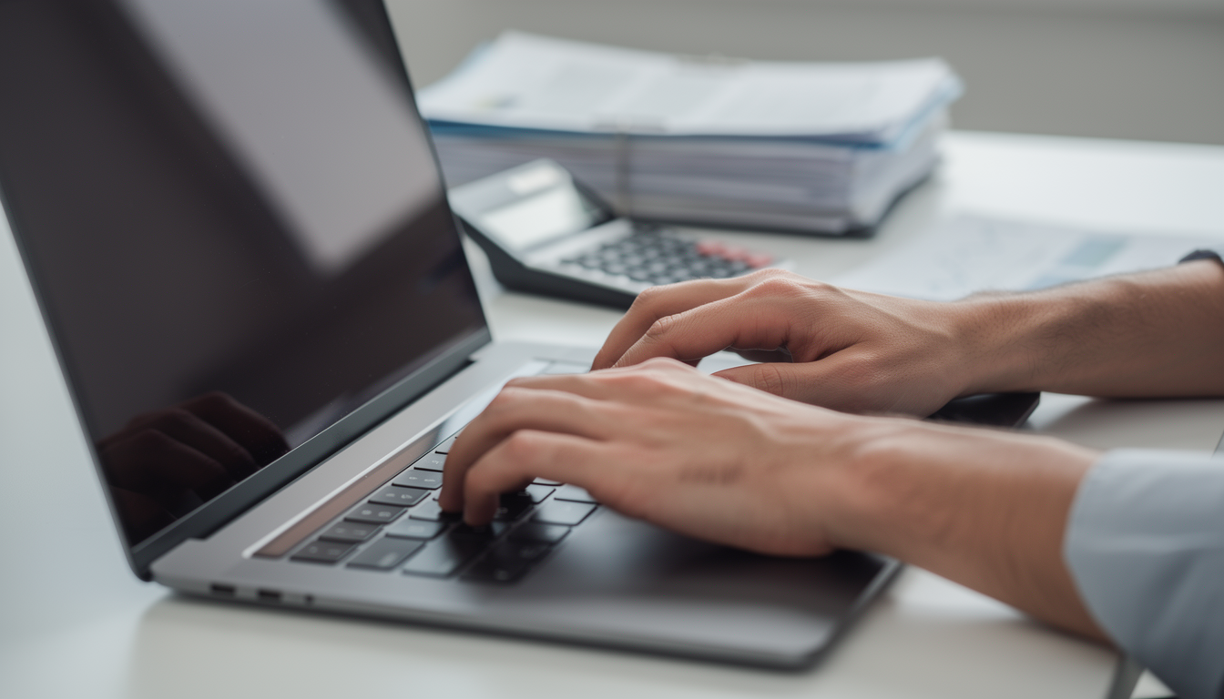 홈택스 온라인 신고를 위해 노트북을 타이핑하는 손과 계산기