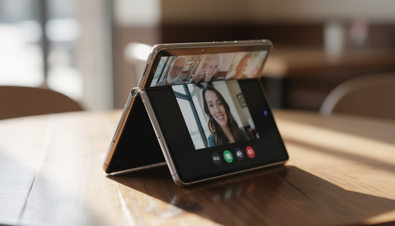 카페 테이블 위에 플렉스 모드로 반쯤 접혀 거치된 폴드폰, 핸즈프리 화상회의 또는 셀카 촬영 모드