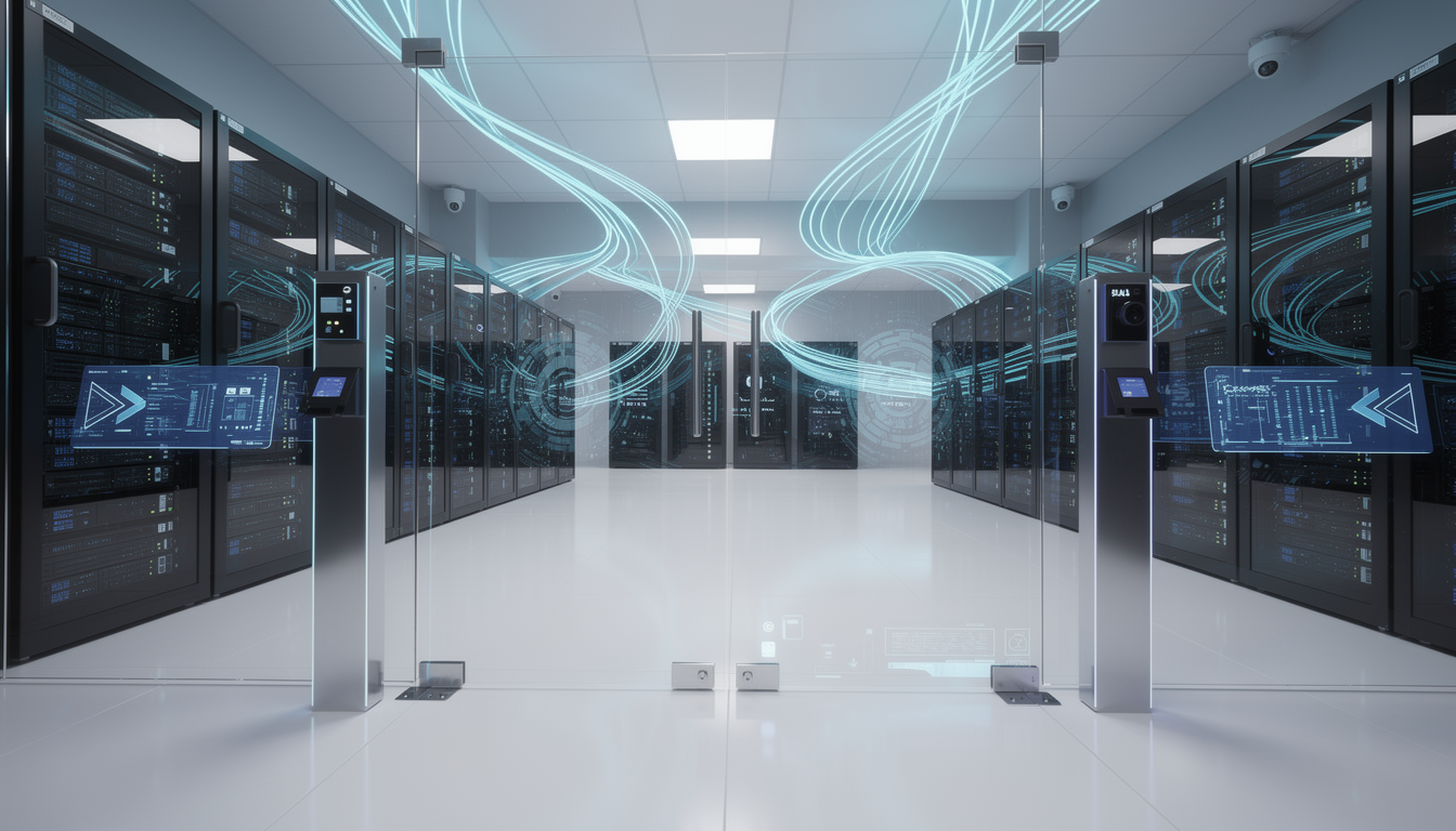 엔터프라이즈급 안정성과 미션 크리티컬 시스템의 보안을 상징하는 최첨단 서버실과 데이터 흐름의 내부 전경