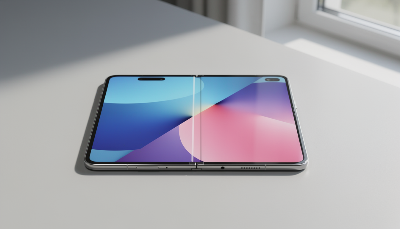 갤럭시 Z 폴드7이 책상 위에 펼쳐져 있는 모습, 얇은 두께와 대화면 디스플레이 강조
