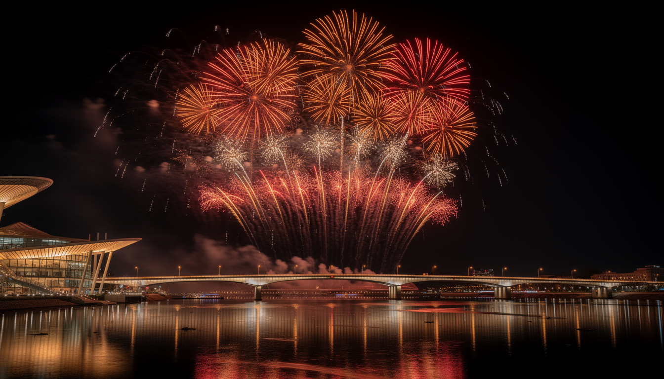 엑스포 다리 위 밤하늘을 가득 채운 웅장하고 다채로운 불꽃놀이의 클로즈업 장면