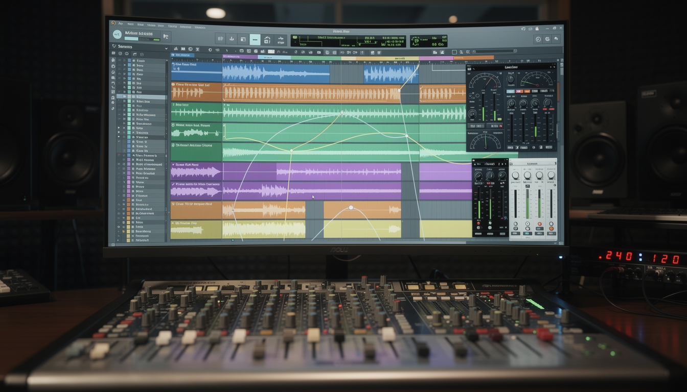 전문 작곡 프로그램 DAW 화면에 표시된 멀티트랙 오디오 파형과 스튜디오 믹싱 장비
